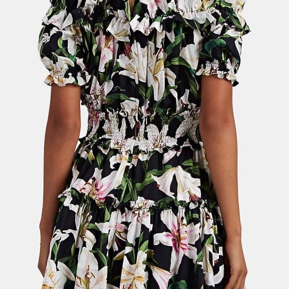 DOLCE & GABBANA Ruffled Lily-Print Poplin Bardot Dress - Picture 4 of 7